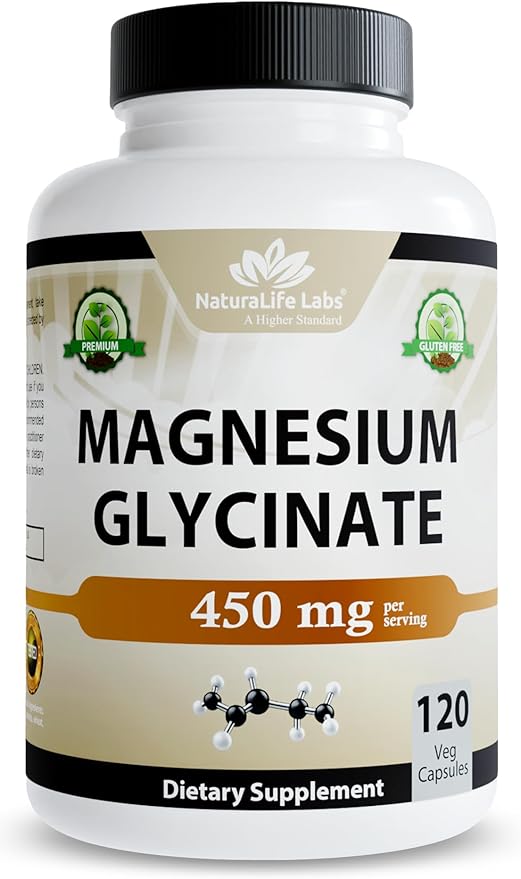 NaturaLife Labs Magnesium Glycinate - 450 mg per Serving – 120 Vegan Capsules - Non-GMO, Gluten-Free, Vegan