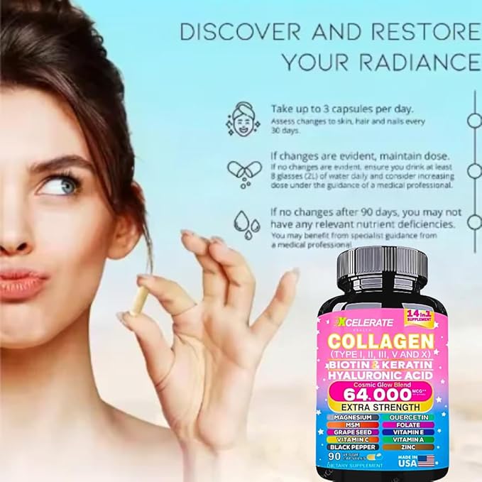 14 In 1 Collagen Supplement - Peptides Types l II III V X Biotin Keratin Hyaluronic Acid Folate Zinc Quercetin Apple Cider Vinegar Magnesium Grape Seed Hair Skin Nail Health Support (Label May Vary)