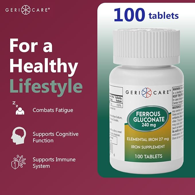 Gericare Ferrous Gluconate 27mg Iron Tablets, Gentle Daily Iron Supplement to Support Healthy Iron Levels & Natural Energy, Easy-to-Digest Formula, 100 Count (Pack of 1)