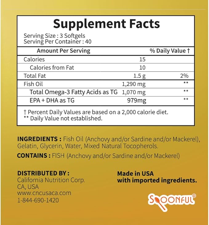 Spoonful Mini Omega 3 Fish Oil, iFOS Certified, 1290 mg Per Serving, 120 Softgels Pearls, Small Size Easy to Swallow Capsules, Made in USA