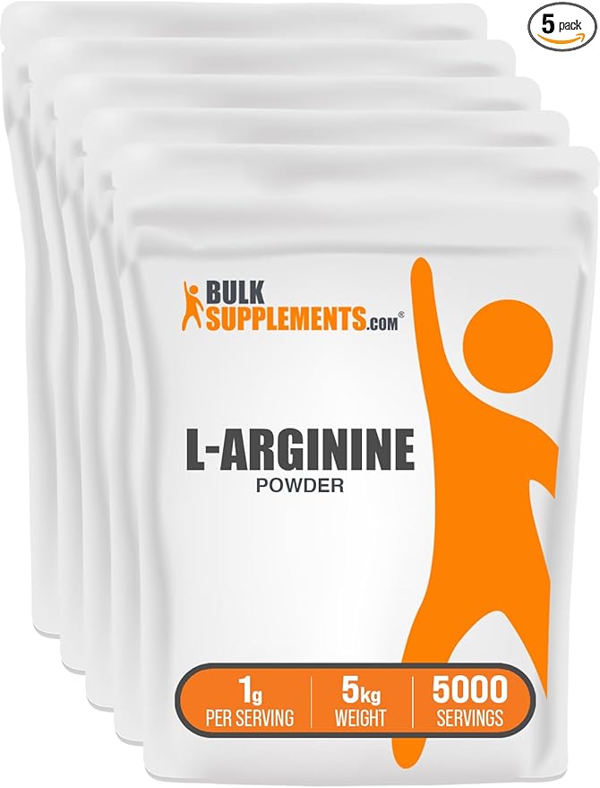 BulkSupplements.com L-Arginine Powder - Arginine Supplement, Nitric Oxide Supplement, Unflavored & Gluten Free, 1g per Serving, 1kg (Pack of 5) (11 lbs)