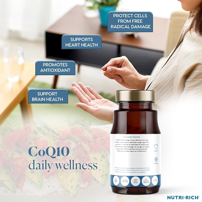 Nutri-Rich CoQ10 Softgels, Coenzyme Q10 Ubiquinone for Heart & Energy, Statin Usage & Cellular Health, Third Party Tested, GMP Quality, No Artificial Additives, No Soy, Gluten Free, 90 Count