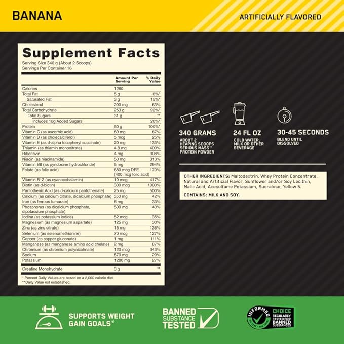 Optimum Nutrition Serious Mass, Weight Gainer Protein Powder, Mass Gainer, Vitamin C and Zinc for Immune Support, Creatine, Banana, 12 Pound (Packaging May Vary)