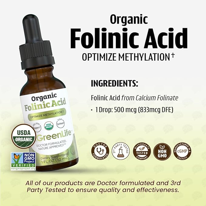 Dr. Green Mom USDA Organic Folinic Acid Drops - 500 mcg per Drop | Methylation Support B9 Supplements for Kids & Adults | Supports Neurological Function, Nervous System Health & DNA Synthesis
