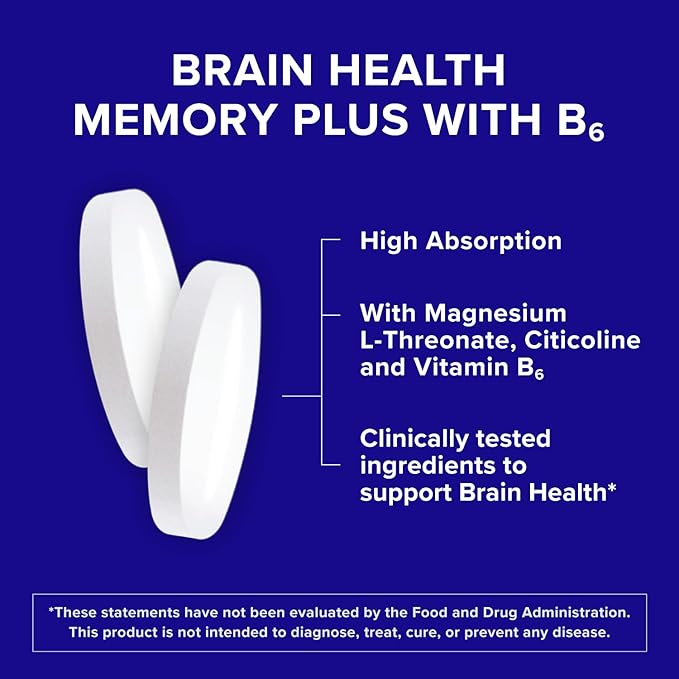 Qunol Brain Health Memory Plus with B6, Magnesium L-Threonate & Citicoline, Clinically Tested Ingredients to Improve Memory, Focus, Attention and Productivity, 90 Count