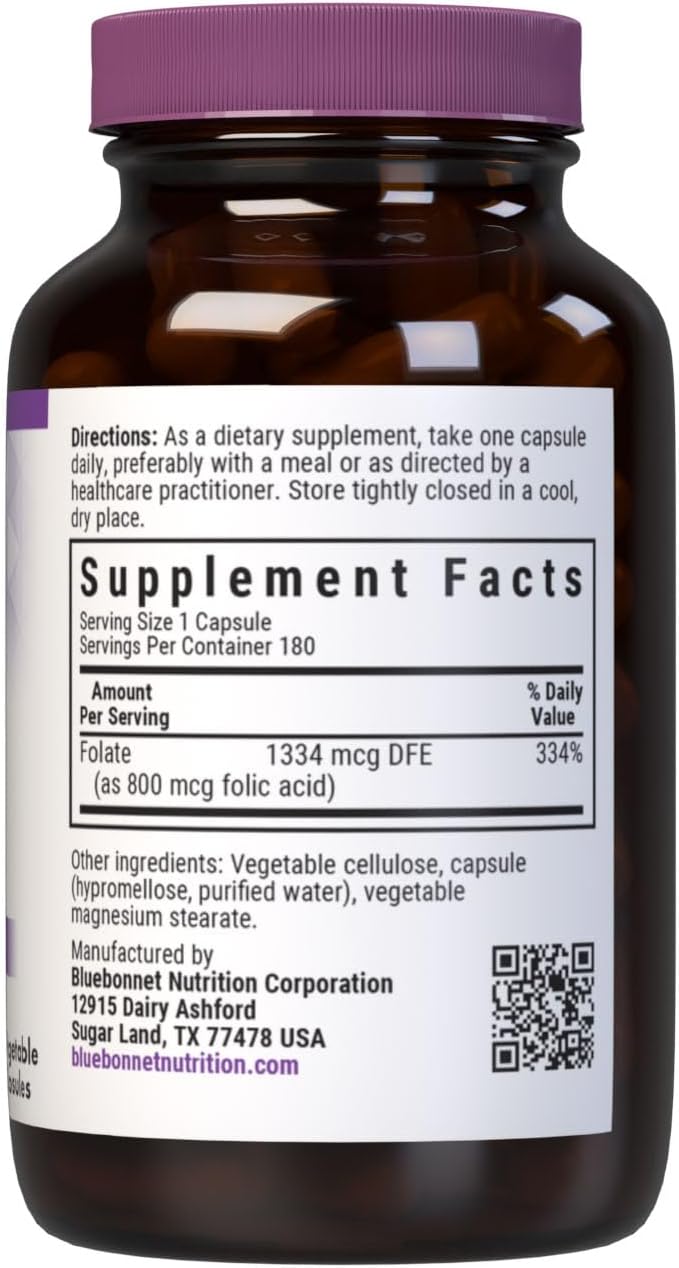 Bluebonnet Nutrition Folic Acid 800mcg, Healthy Neurological Development, Soy, Dairy & Gluten Free, Non-GMO, Kosher Certified, Vegan, Vegetable Capsules, 180 Count