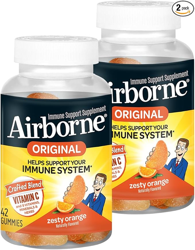 Airborne 750mg Vitamin C Gummies for Adults, Immune Support Supplement with Powerful Antioxidants Vitamins C & E - 42 Gummies, Zesty Orange Flavor (2 Pack)