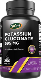 Oxify Potassium Gluconate 595 mg | 250 Tablets | Gluten-Free, Non-GMO | Supplement Made in USA