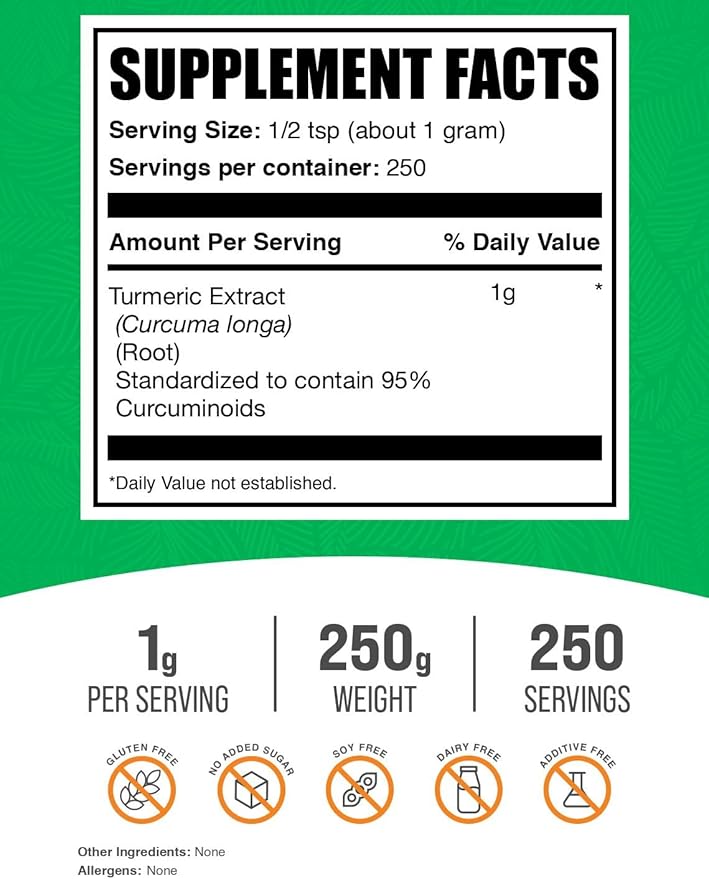 BulkSupplements.com Turmeric Extract Powder - from Turmeric Root, Curcumin Supplements, Turmeric Curcumin Powder - Gluten Free, 1g per Serving, 250g (8.8 oz) (Pack of 1)