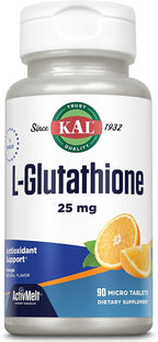KAL L-Glutathione, Reduced Glutathione Supplement, High Absorption Antioxidant, Orange Flavor Instant Dissolve ActivMelt, Vegetarian, Lab Verified, 90 Servings, 90 Micro Tablets