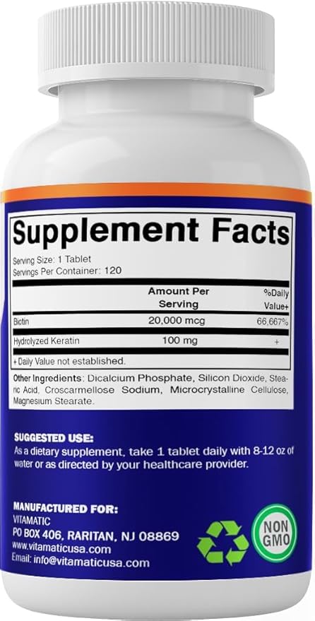 Vitamatic High Potency Biotin 20000 mcg (20mg) with Keratin 100mg - 120 Tablets - Biotin Supplements for Healthy Hair Skin & Nails for Adults (120 Count (Pack of 1))