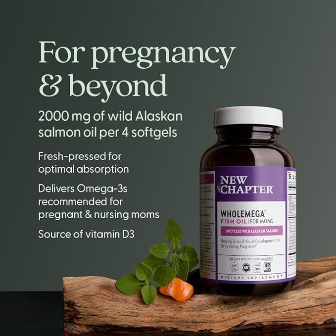 New Chapter Wholemega for Moms Fish Oil Supplement, Tiny Capsules, 2000mg per Serving, Prenatal DHA with Omega-3 + Vitamin D3 for Prenatal & Postnatal Support, 500mg Each - 90 Count