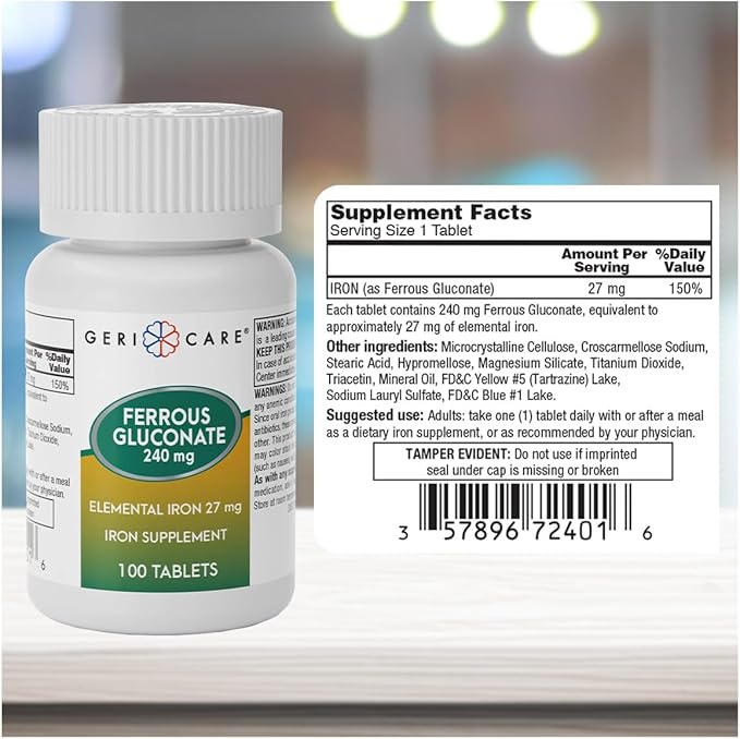 Gericare Ferrous Gluconate 27mg Iron Tablets, Gentle Daily Iron Supplement to Support Healthy Iron Levels & Natural Energy, Easy-to-Digest Formula, 100 Count (Pack of 2)