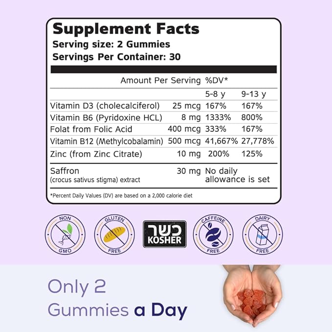 NutriMagic Kids Brain Booster+ 30mg Pure Saffron Extract Gummies & Multivitamin D3, B6, B12, Zinc, Supports Kids Brain Health, Focus, Memory, Attention, Mood Balance, Non-GMO Supplement, 30x Servings