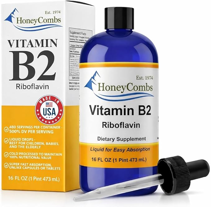 HoneyCombs Riboflavin Vitamin B2 Liquid Drops 750 Percent DV, b2 Made in USA Alcohol Free B2 Vitamins Supplement, Alternative to Capsules for Adult Daily Use (16 oz)