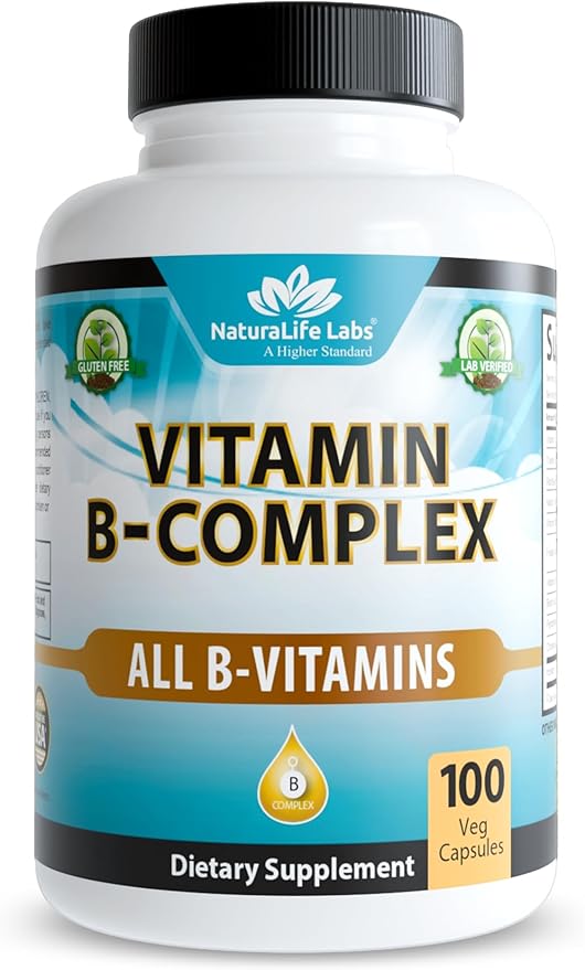 NaturaLife Labs Vitamin B-Complex with Vitamin C – Includes Active B2 (Riboflavin-5-Phosphate), B6 (Pyridoxal-5-Phosphate), B9 (5-MTHF) and B12 (Methylcobalamin); plus B1, B3, B5 and B7 – 100 Capsules