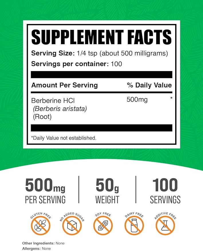 BulkSupplements.com Berberine HCl Powder - Berberine 500mg - Herbal Supplement - Fasting Supplement - Berberine Supplement - Digestive Enzymes (50 Grams - 1.8 oz)