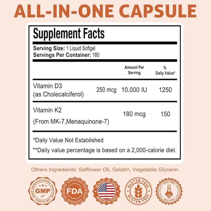 Health Dose Vitamin D3 10,000 IU + K2 (MK7) Supplement, 2-in-1 Formula, Immune Support, a Healthy Mood, Heart, Joint, Teeth, Bone Health, Calcium Absorption, 180 softgels. (2)