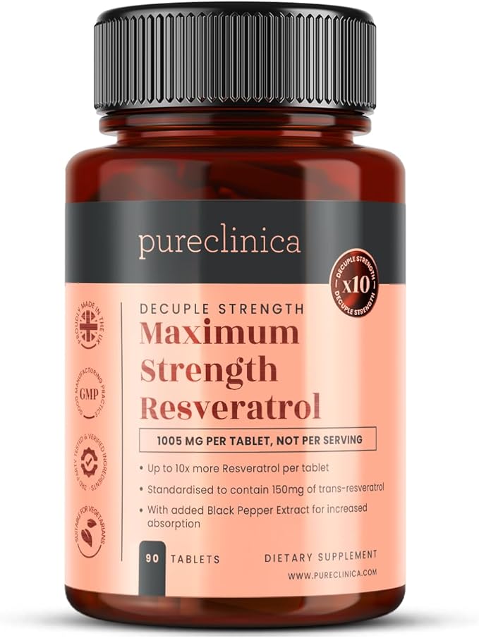pureclinica 1000mg Resveratrol x 90 Tablets (3 Months Supply). 10 x Strength with Black Pepper Extract for Faster Absorption