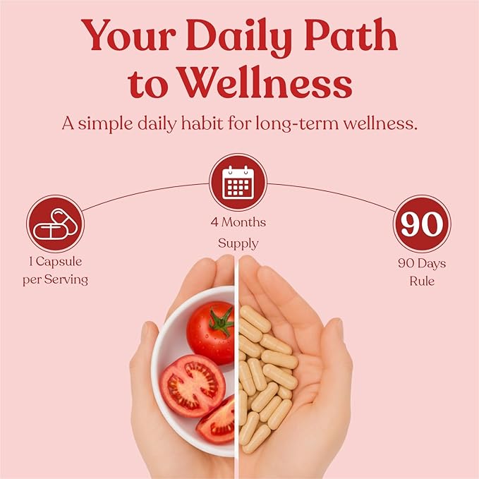 Lycopene Supplement for Men 60mg, Natural Tomato Extract Powder, 120 Veggie Capsules, Carotenoid Supplement for Daily Wellness, Vegan, Non-GMO & Gluten-Free Lycopene Complex