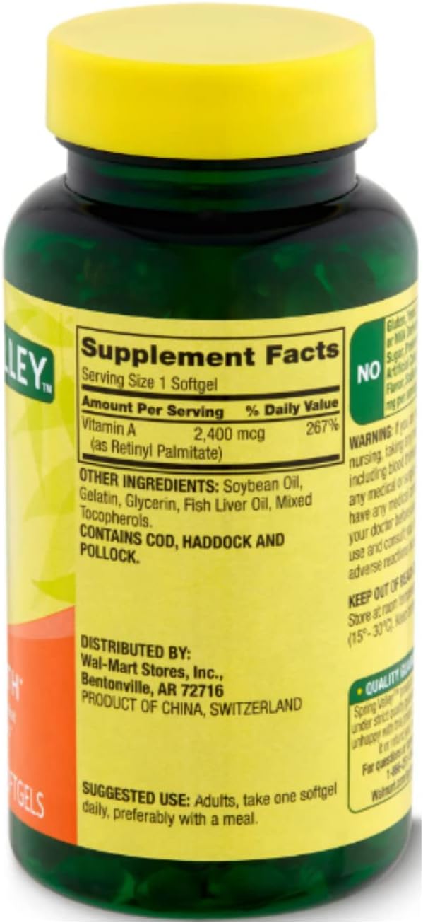 Spring Valley Vitamin A Supplement 2400 mcg, 250 Count + STS Sticker.