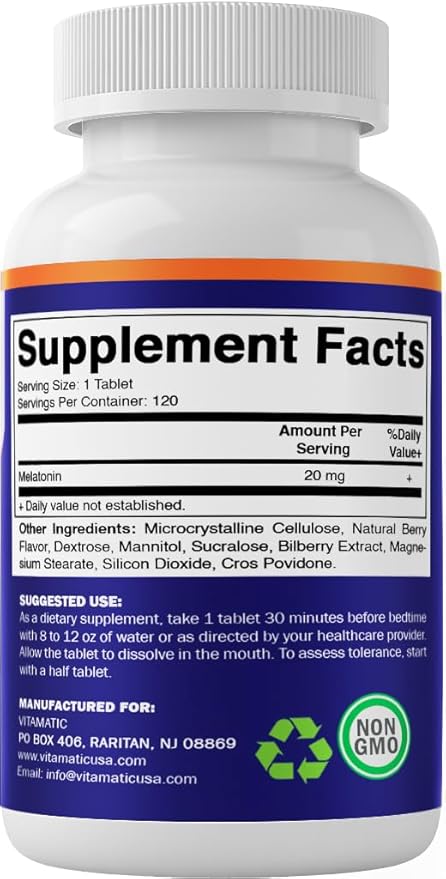 Vitamatic Melatonin 20 mg Tablets | Vegetarian, Non-GMO, Gluten Free | HIGH Potency 20 MG | Natural Berry Flavor (1/2 Tablets = Melatonin 10 mg) (120 Count (Pack of 3))