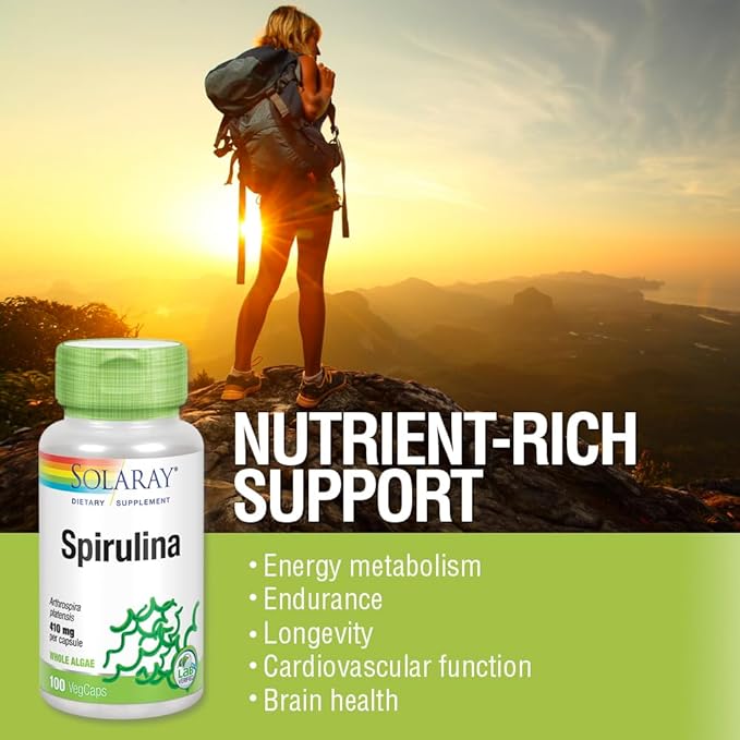SOLARAY Spirulina 410mg | Algae Superfood Supports Energy, Vitality & Overall Health | 100ct, 100 Serv.