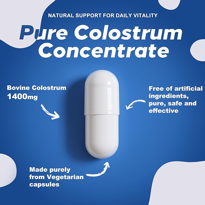 Organic Bovine Colostrum Capsules, 1400mg Colostrum Supplement Powder for Immune & Gut Support, Energy Support, Skin Health, Hair Growth - No Fillers, Non-GMO, 120 Capsules