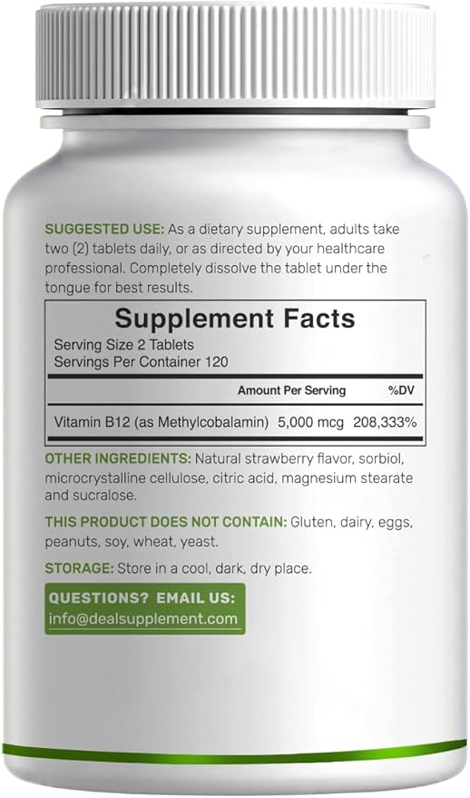 DEAL SUPPLEMENT Methyl B-12 Vitamins 5000 mcg, 240 Chewable Tablets | Active Form - Strawberry Flavored - Energy Support & Brain Health Function - Vegetarian & GMO Free