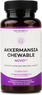 Chewable Akkermansia Probiotic and Prebiotic Supplement NOVO 2.0 with HMO, Supports Gut and Oral Microbiome, Supplements for Digestive Health and Skin Vitality, Targeted Delivery, 30 Tablets