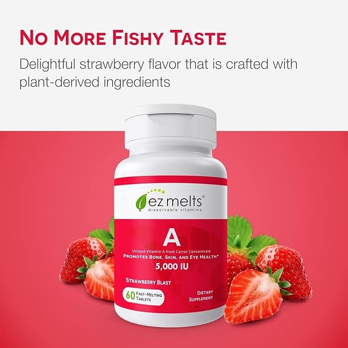 EZ Melts Vitamin A - Skin, Eye & Bone Health Supplement - Supports Healthy Nervous System - No Artificial Flavors - Non-GMO & Vegan - Strawberry Blast - 120 Dissolvable Tablets (120 Servings)