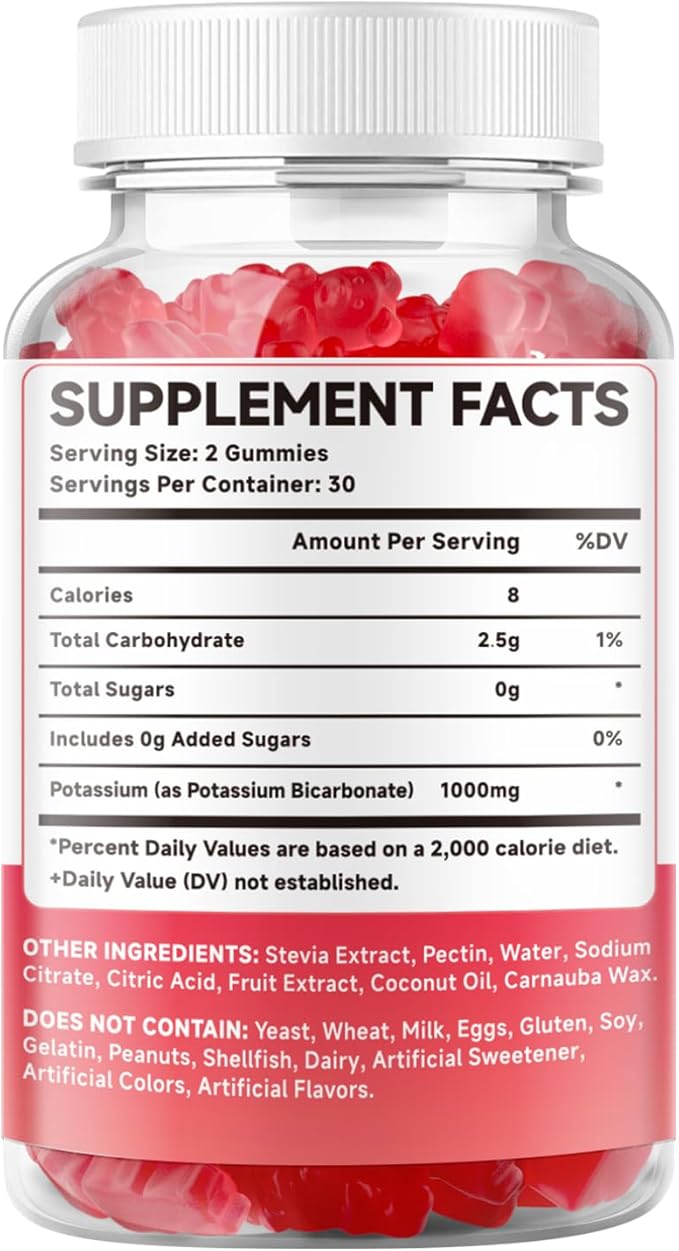 Potassium Gummies, Potassium Bicarbonate Supplement for Adults & Kids, Potassium Supplement for Electrolyte Balance & Muscle Heath, Sugar-Free, Strawberry Flavor, 60 Count
