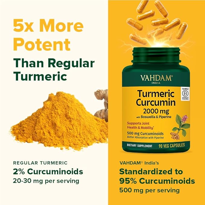 VAHDAM Turmeric Curcumin 2000mg (500mg Curcuminoids) with Boswellia & Piperine for Fast Absorption | Supports Joint Health and Mobility | 90 Capsules (Pack of 2)