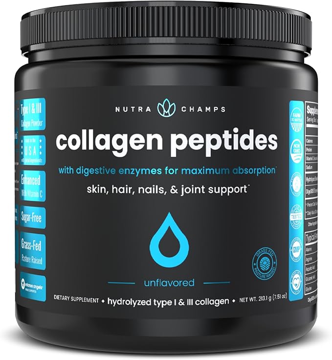 Collagen Peptides Powder - Enhanced Absorption, Double Hydrolyzed, Grass Fed, Keto Protein Powder with Vitamin C - Premium Supplement for Hair Growth, Skin, Nails, Joints & Bones, Unflavored