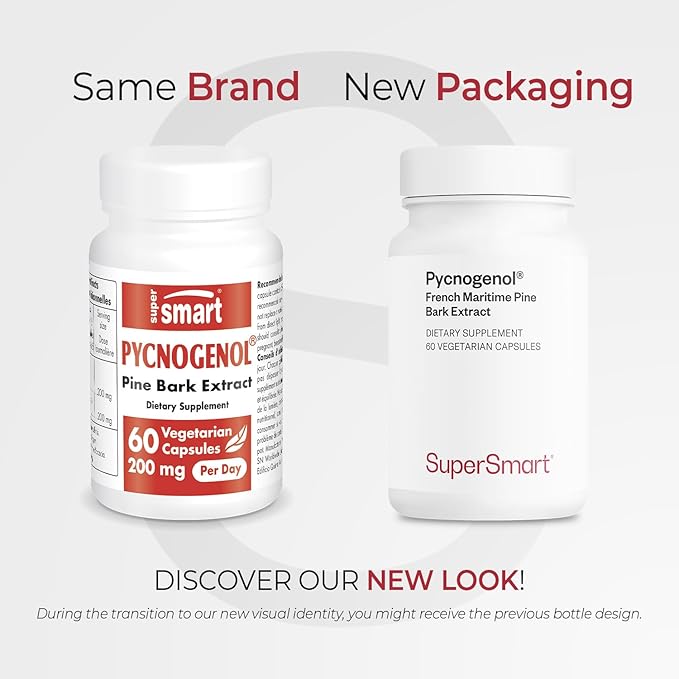 Supersmart - Pycnogenol 200mg per Day (Patented & Highly Bioavailable) - French Maritime Pine Bark Extract | Non-GMO & Gluten Free - 60 Vegetarian Capsules