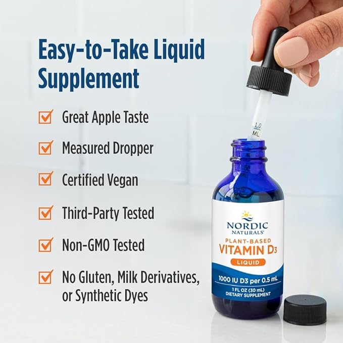 Nordic Naturals Plant-Based Vitamin D3 Liquid - 1 oz - 1000 IU Vitamin D3 - Healthy Bones, Mood & Immune System Function - Non-GMO, Vegan - 60 Servings