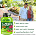 NATURELO Vegan Zinc Immune Support Capsules - Whole Food Complex with Vitamin C for Healthy Skin, Hair, and Nails - 120 Capsules