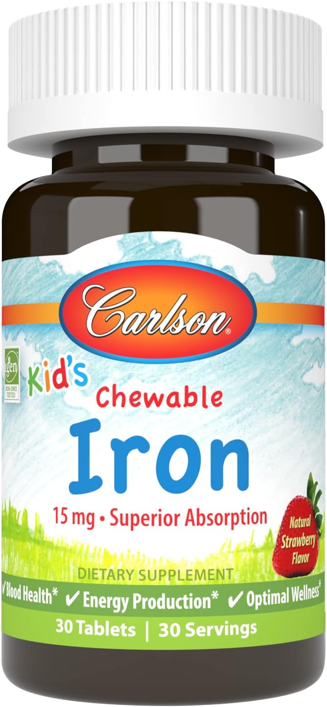 Carlson - Kid's Chewable Iron, 15 mg, Superior Absorption, Blood Health, Energy Production & Optimal Wellness, Natural Strawberry Flavor, 30 Tablets