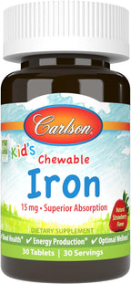 Carlson - Kid's Chewable Iron, 15 mg, Superior Absorption, Blood Health, Energy Production & Optimal Wellness, Natural Strawberry Flavor, 30 Tablets