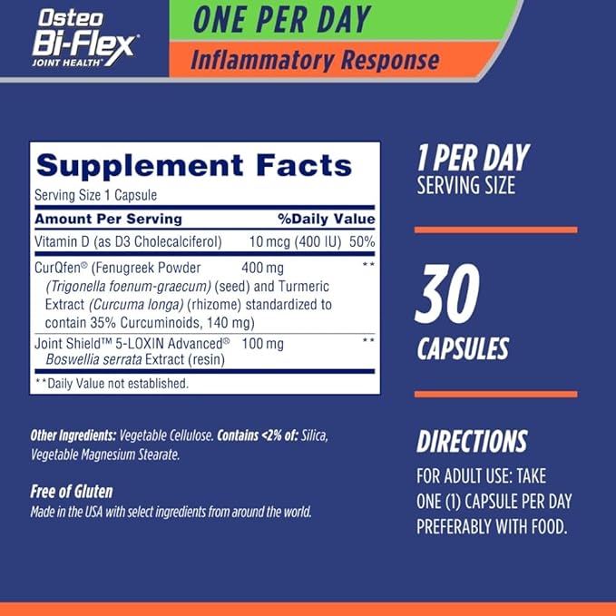 Osteo Bi-Flex One Per Day Inflammatory Response CurQfen Plant-Based Supplement, Improve Joint Function, Strength, Flexibility, Mobility 30 Capsules