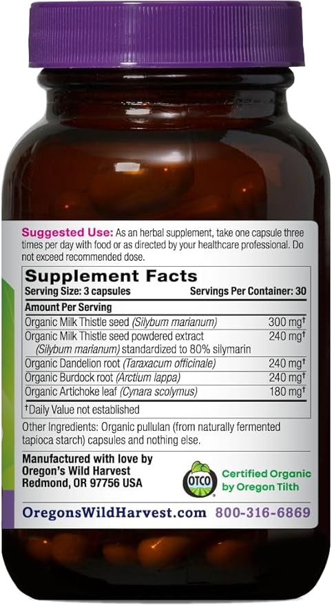 Oregon's Wild Harvest Certified Organic Milk Thistle Dandelion Capsules Liver Support Extract Standardized to 80% Silymarin, 90 Count