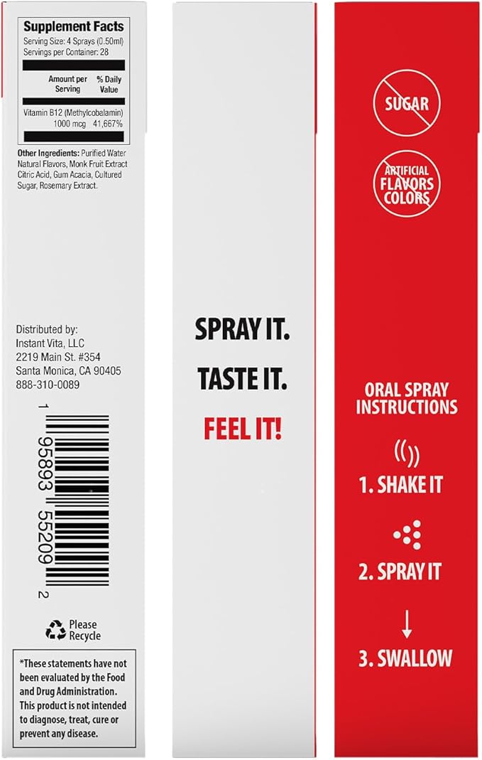 instantvita Energy Supplement – Vitamin B12 1000 mcg Oral Spray for Faster Absorption, 1-Month Supply, Mint Flavor, 0.47 Fl Oz