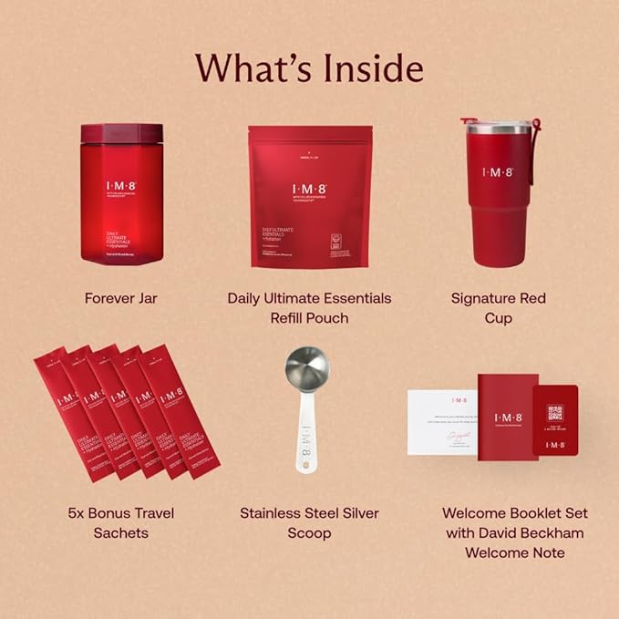 IM8 Daily Ultimate Essentials All-in-One Multivitamin Supplement Powder Starter Kit, 92 Nutrient Rich Ingredients CoQ10, Probiotics, Vitamins, Greens, Gluten Free, Vegan, Acai Mixed Berry, 30 Servings
