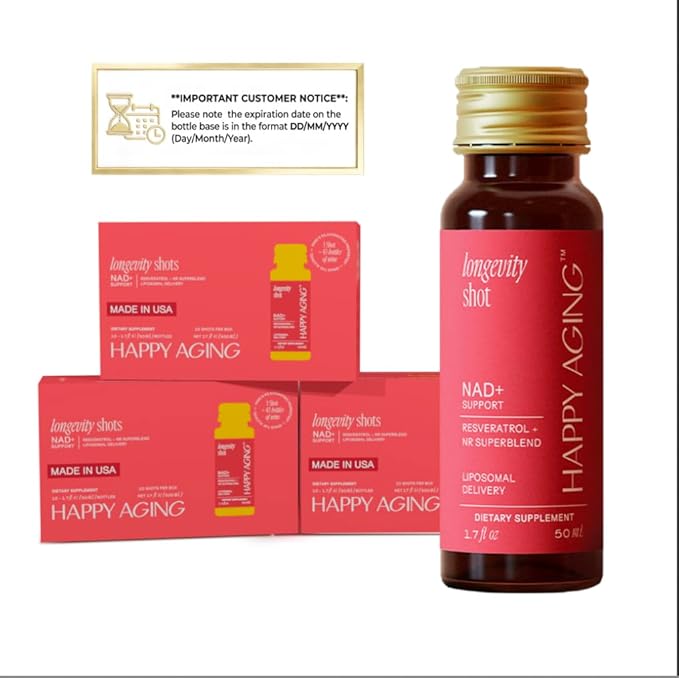 Happy Aging Liquid NAD+ Supplement for Women | Liposomal Nicotinamide Riboside & Resveratrol Shots for Energy, Skin Health & Brain Fog | NMN Alternative with Antioxidants | 10 Shots, 30-Day Supply