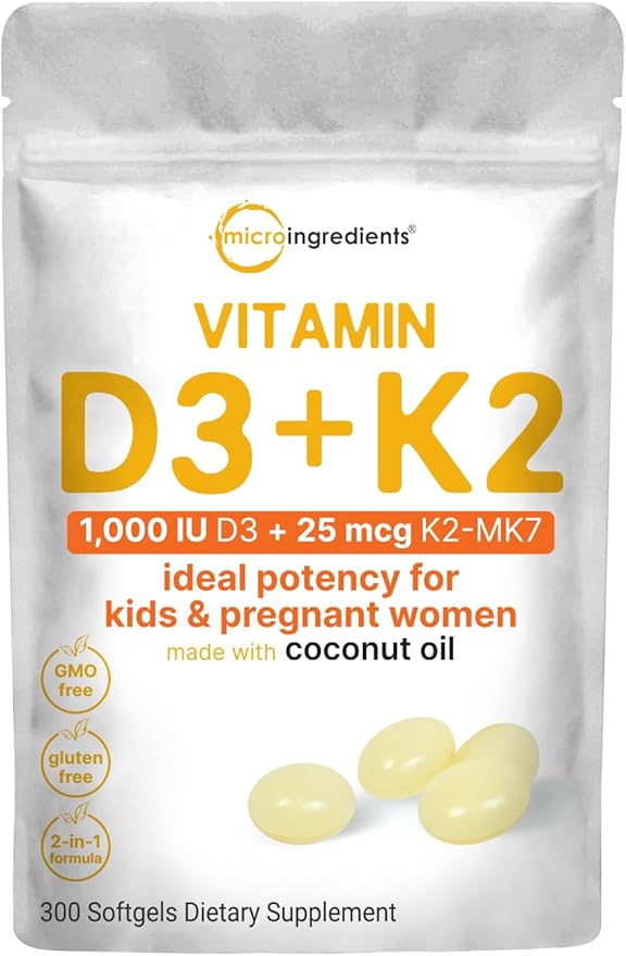 Micro Ingredients Vitamin D3 1,000 IU + K2 MK-7 25 mcg, 300 Softgels | Virgin Coconut Oil | 2-in-1 Bone, Immune & Heart Support | Easy to Swallow, Non-GMO