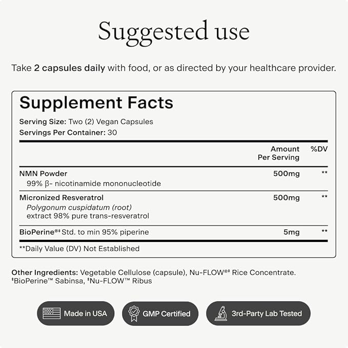 OMRE NMN + Resveratrol Supplement 99% Purity for Cellular Energy, NAD+ Boost | Highly Bioavailable Nicotinamide Mononucleotide Supplement Resveratrol 500mg & NMN 500mg, Made in USA, 60 Capsules