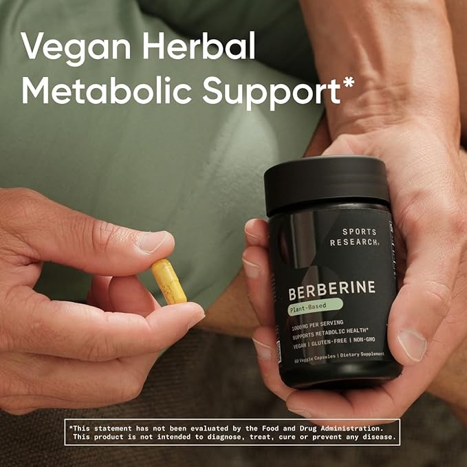 Sports Research Berberine - Herbal Ayurvedic Metabolic Health Support - 1000mg - 120 Capsules - Vegan Certified, Gluten-Free, Non-GMO