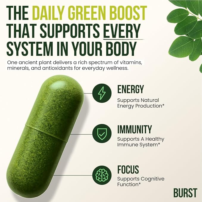 Burst 100% Organic Moringa Capsules – Supports Energy, Immunity, & Vitality | Pure Moringa Oleifera Supplement | Rich in Vitamins, Protein, & Antioxidants | Vegan, Non-GMO - 120 Capsules