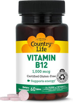 Country Life Vitamin B12 Supplement - Essential for Brain Function, Nerve Health, Red Blood Cells - Ideal for Anemia Prevention - Vegan Vitamin B, 1000 mcg - Gluten-Free, 60 Tablets