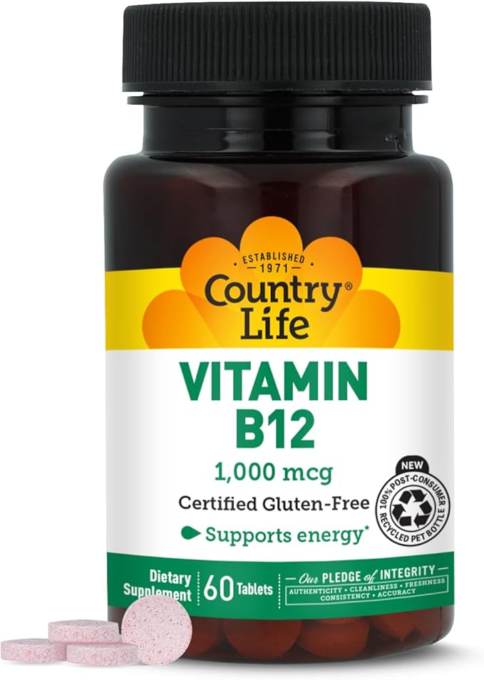 Country Life Vitamin B12 Supplement - Essential for Brain Function, Nerve Health, Red Blood Cells - Ideal for Anemia Prevention - Vegan Vitamin B, 1000 mcg - Gluten-Free, 60 Tablets